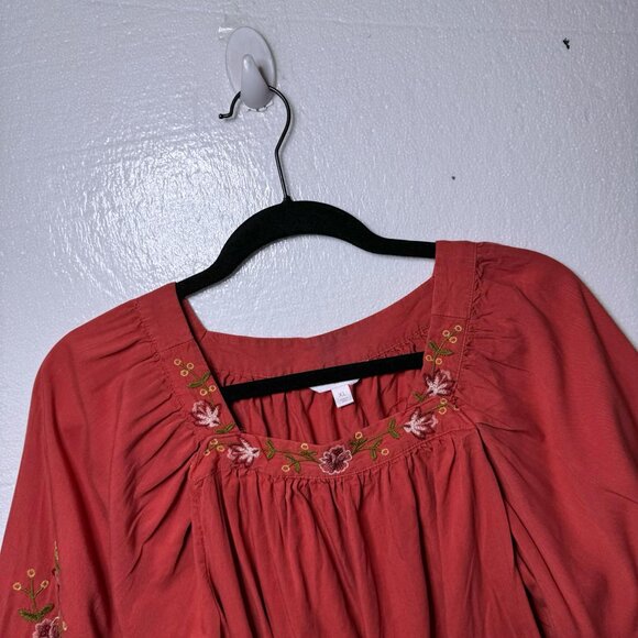 LC Lauren Conrad Size XL Embroidered Floral Square Neck Top 3/4 Tie Sleeve Boho - Picture 4 of 10